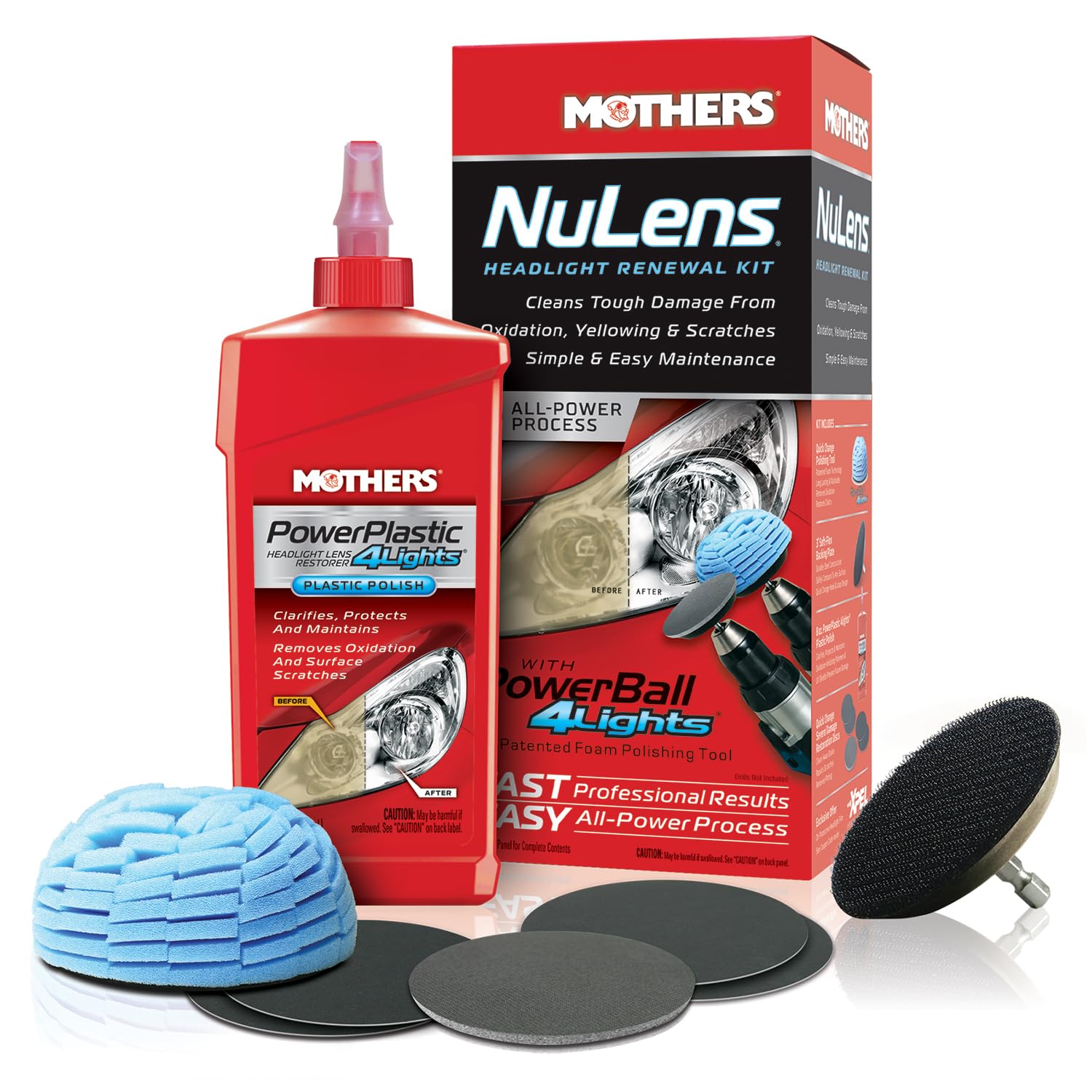 Mothers NuLens Headlight Renewal Kit — Quickly Restores & Maintains Clarity on All Headlight Types – Includes PowerPlastic 4Lights Polish, 8 oz. with Protective, Oxidation-Inhibiting Polymers (07251)